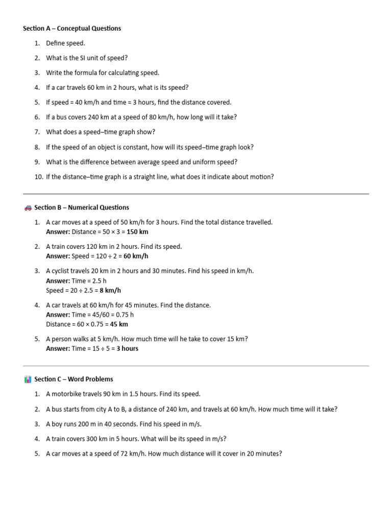 Class 7 Sci Worksheet Topic Speed Time Oct 2025 | PDF