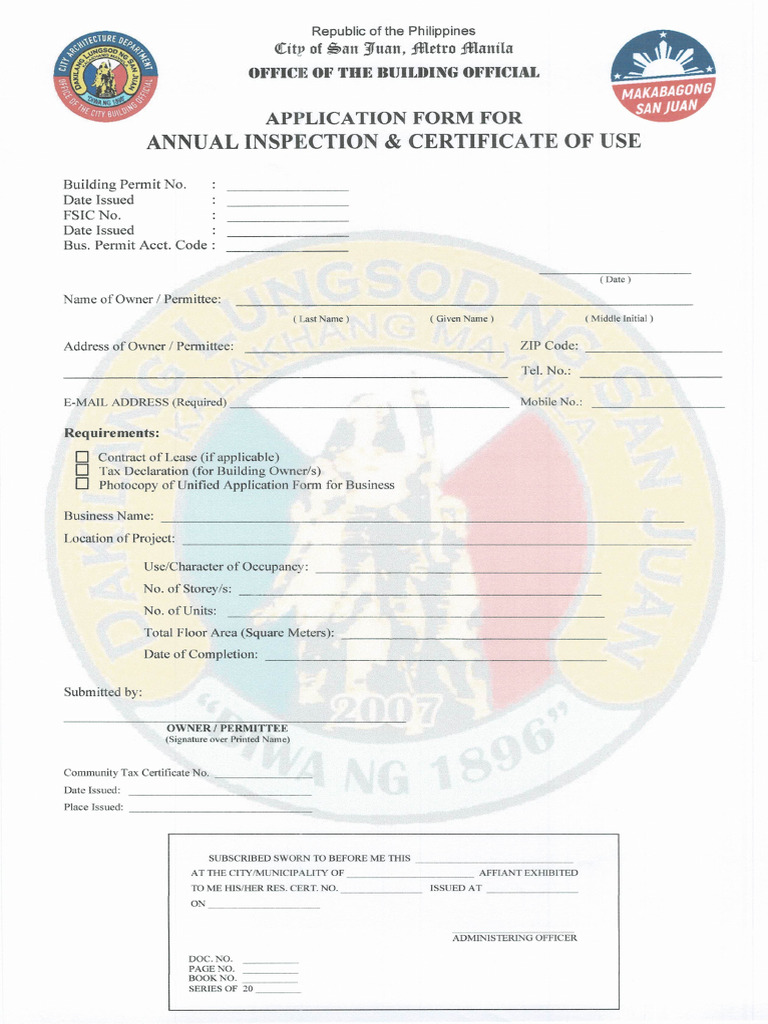 Application Form For Annual Inspection & Certification of Use | PDF