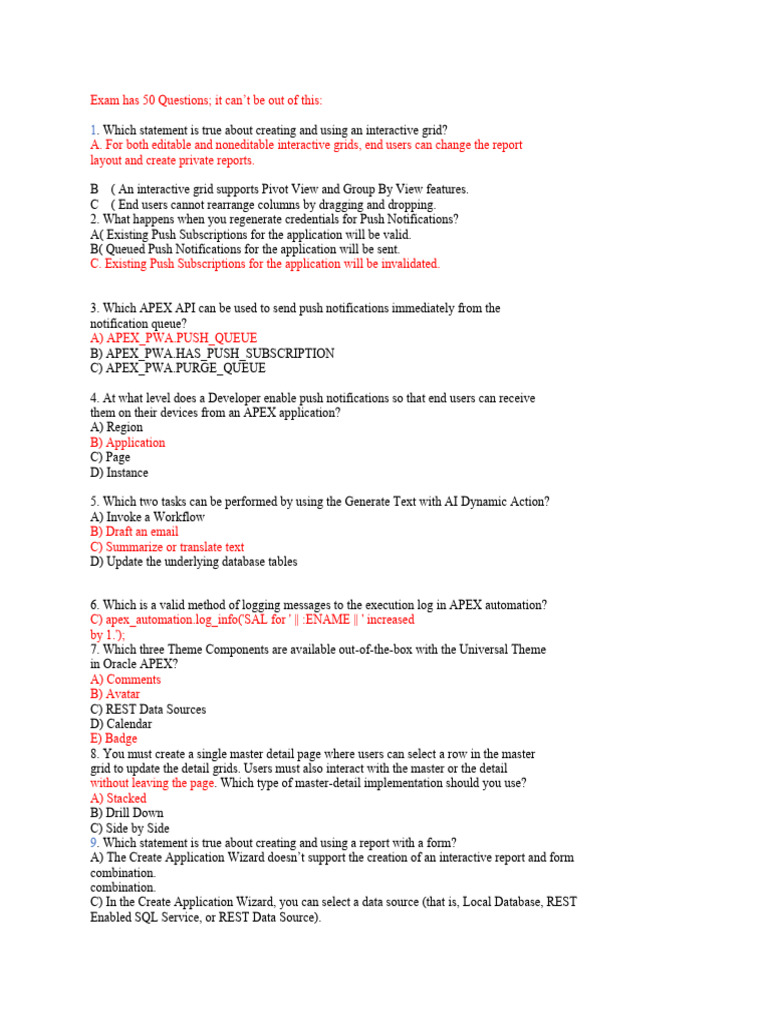 Oracle APEX Exam: 50 Key Questions | PDF | Databases | Sql
