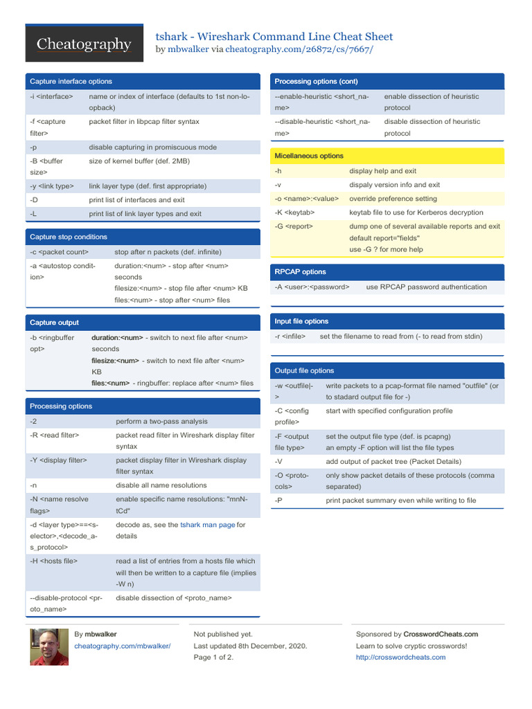 Tshark Command Line Cheat Sheet | PDF | Computing | Computer Engineering