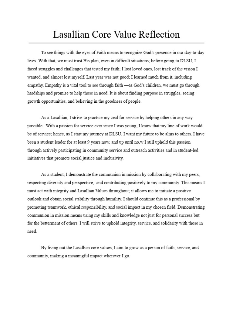 Lasallian Values: Faith and Service Reflection | PDF