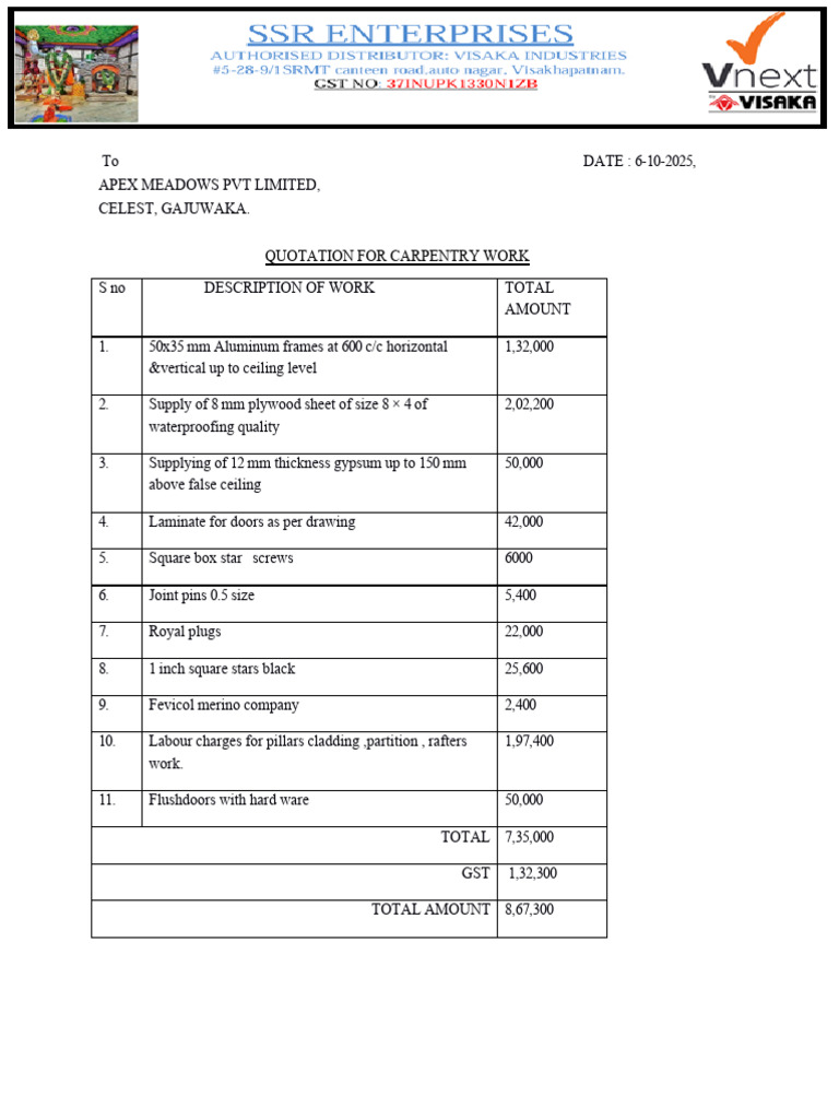 Carpentry Work Quotation Summary | PDF