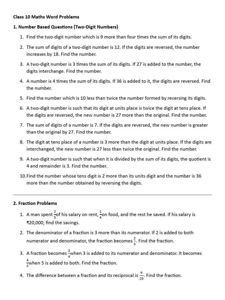 Class 10 Maths Word Problems CH Linear Equations in Two Variables Sept ...