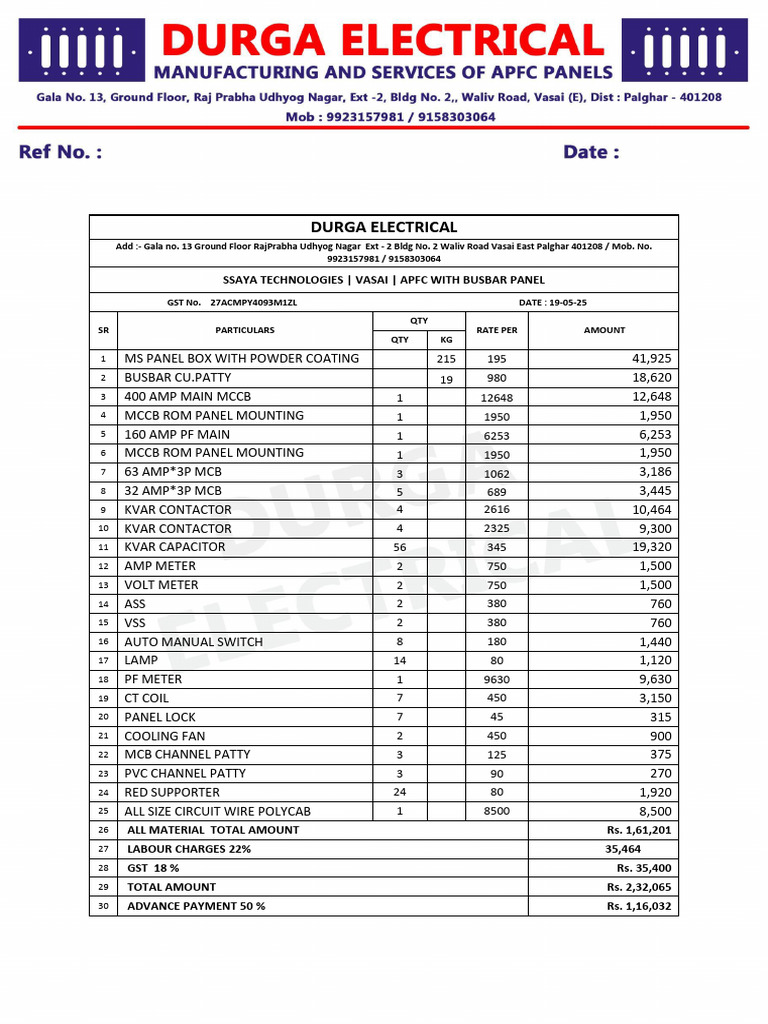 Durga Electrical APFC Panel Quotation | PDF | Components | Electricity