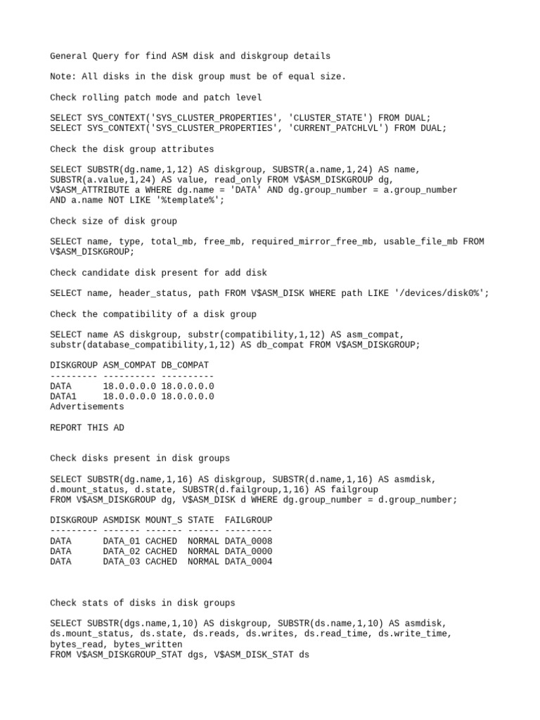 ASM Disk Group and Disk Details Queries | PDF | Computer Data Storage ...