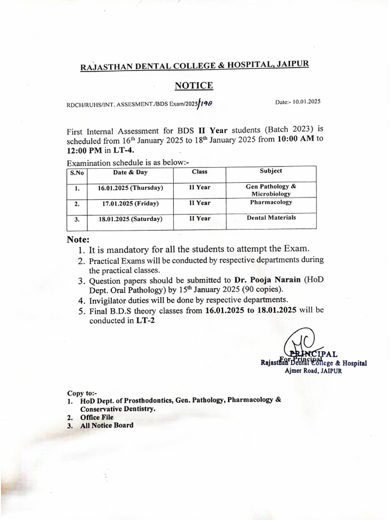 BDS II Year (Batch 2023) Internal Assessment Time Table | PDF
