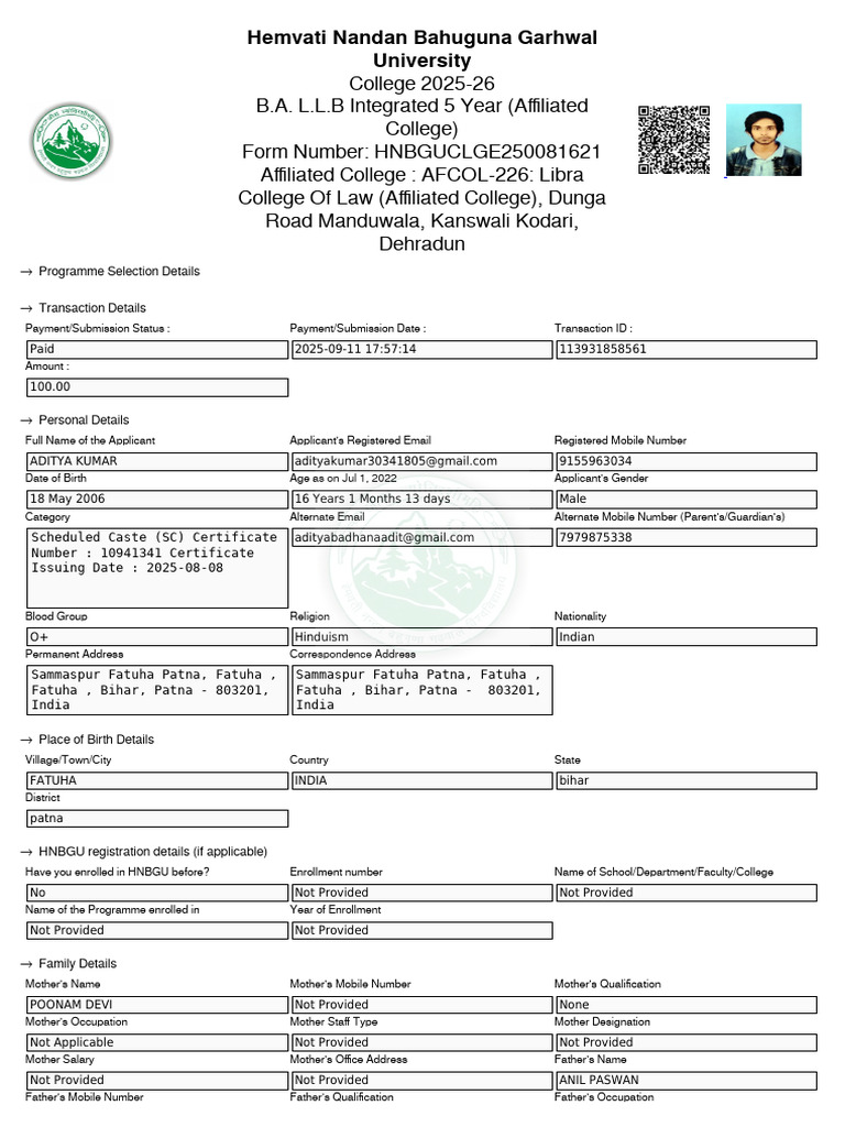 HNBGU B.A. L.L.B Application 2025-26 | PDF