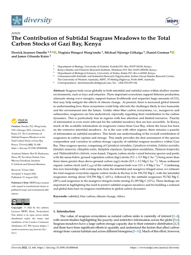 The Contribution of Subtidal Seagrass Meadows To The Total Carbon ...