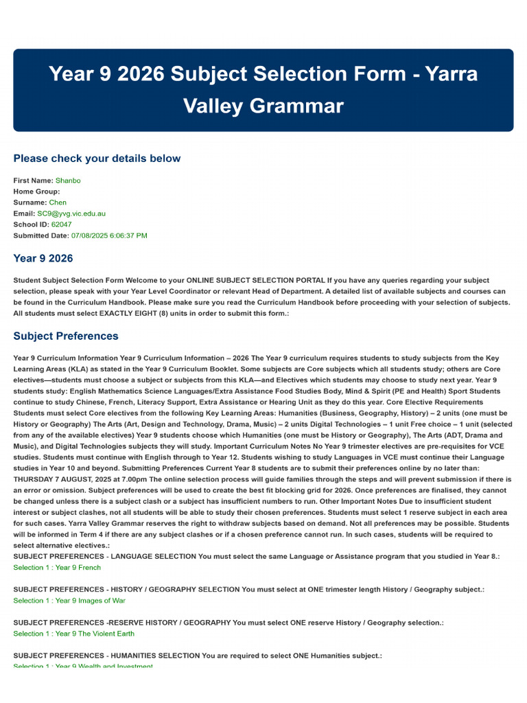 Year 9 2026 Subject Selection Form | PDF