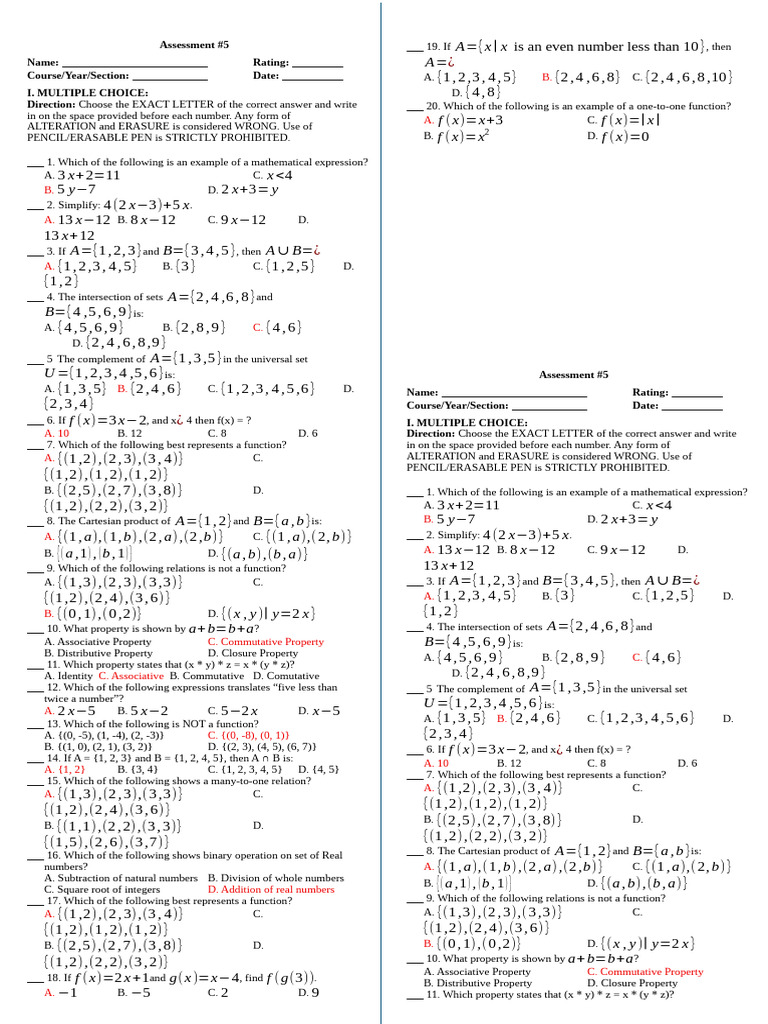 Math Assessment Multiple Choice Questions | PDF | Mathematics