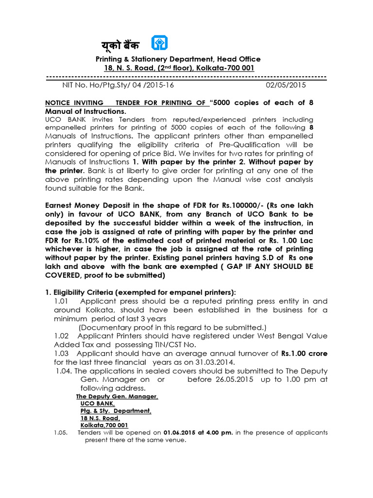 Tender Tender for Printing of 8 Manual Ofinstructions c93ba7dfa4 | PDF ...