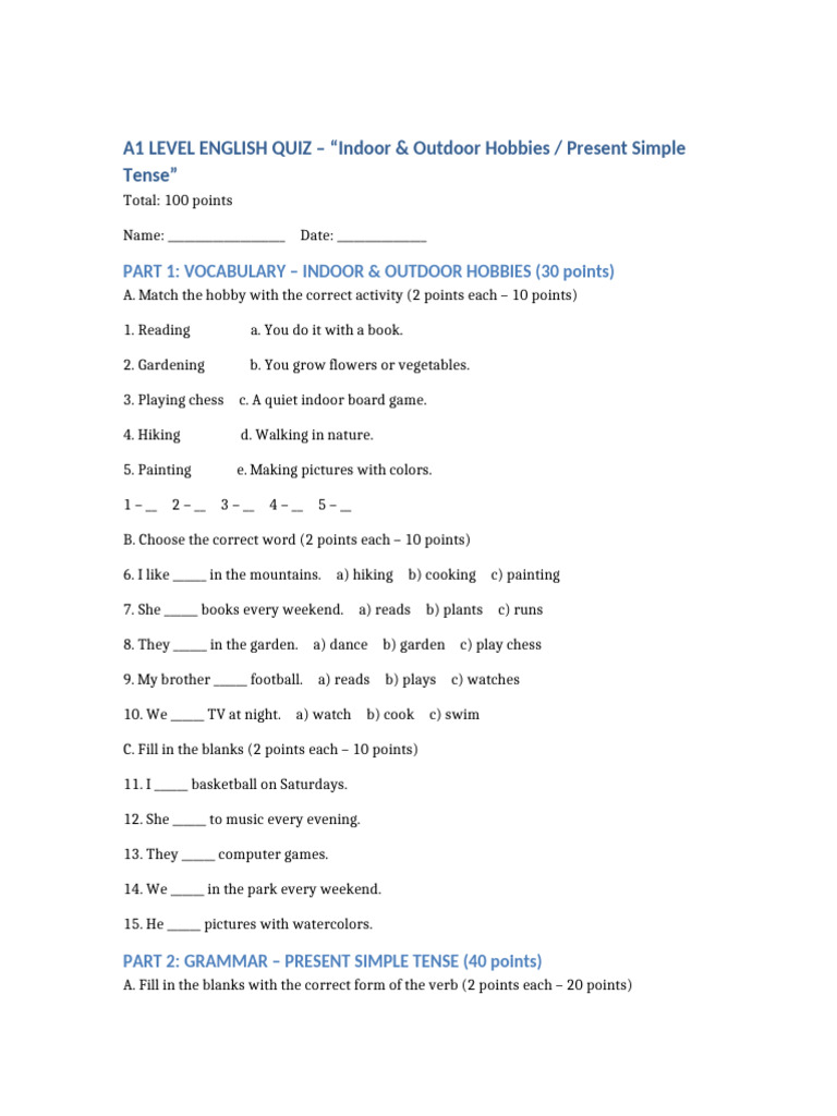 A1 English Quiz: Hobbies & Present Simple | PDF | Chess Openings ...