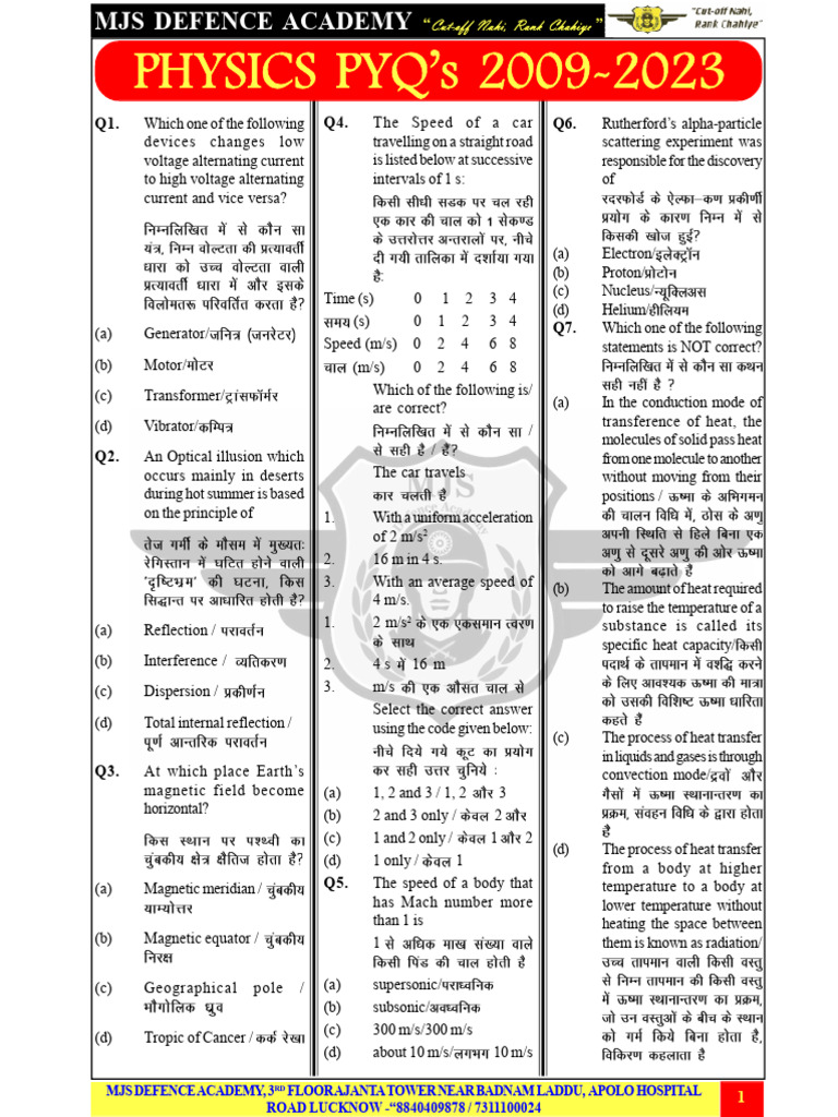 Physics Pyq's 2009 - 2023 - Corrected 100% | PDF | Force | Light