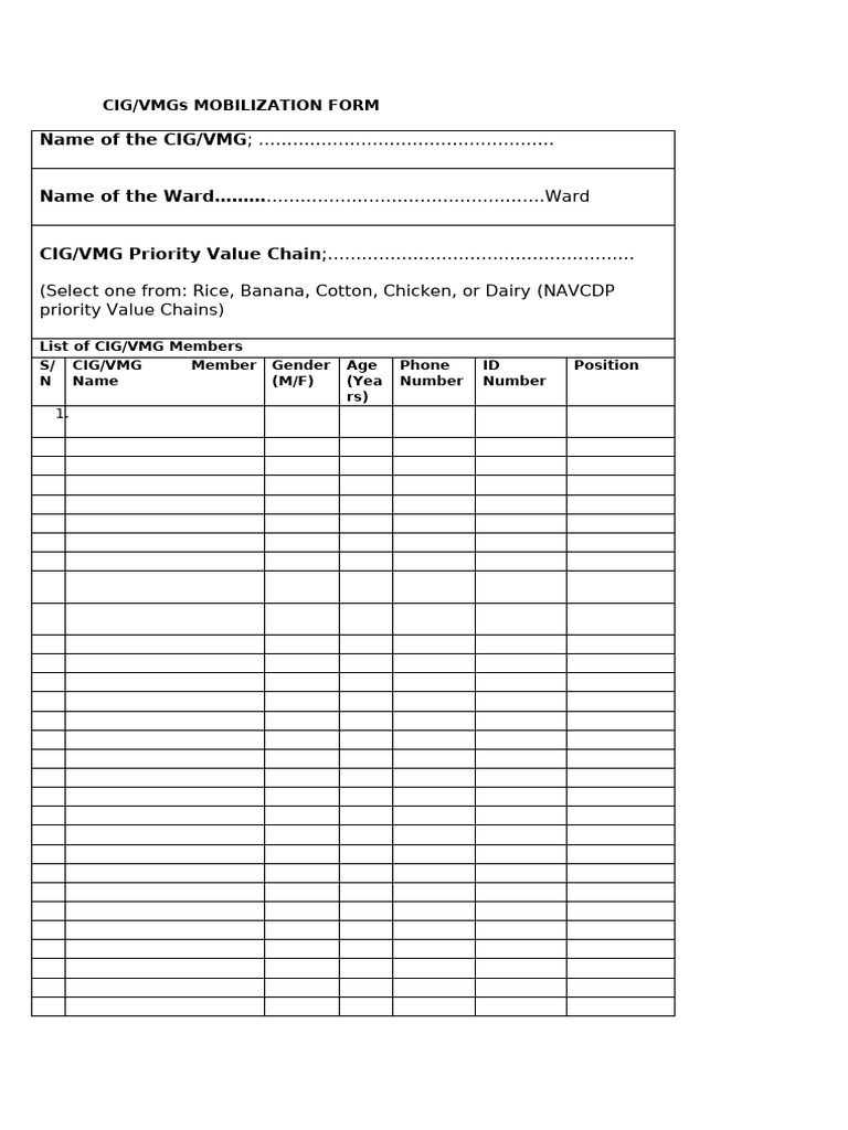 CIG/VMG Mobilization Form Template | PDF