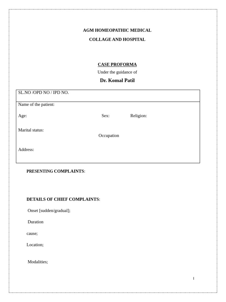 Homeopathic Case Proforma Template | PDF