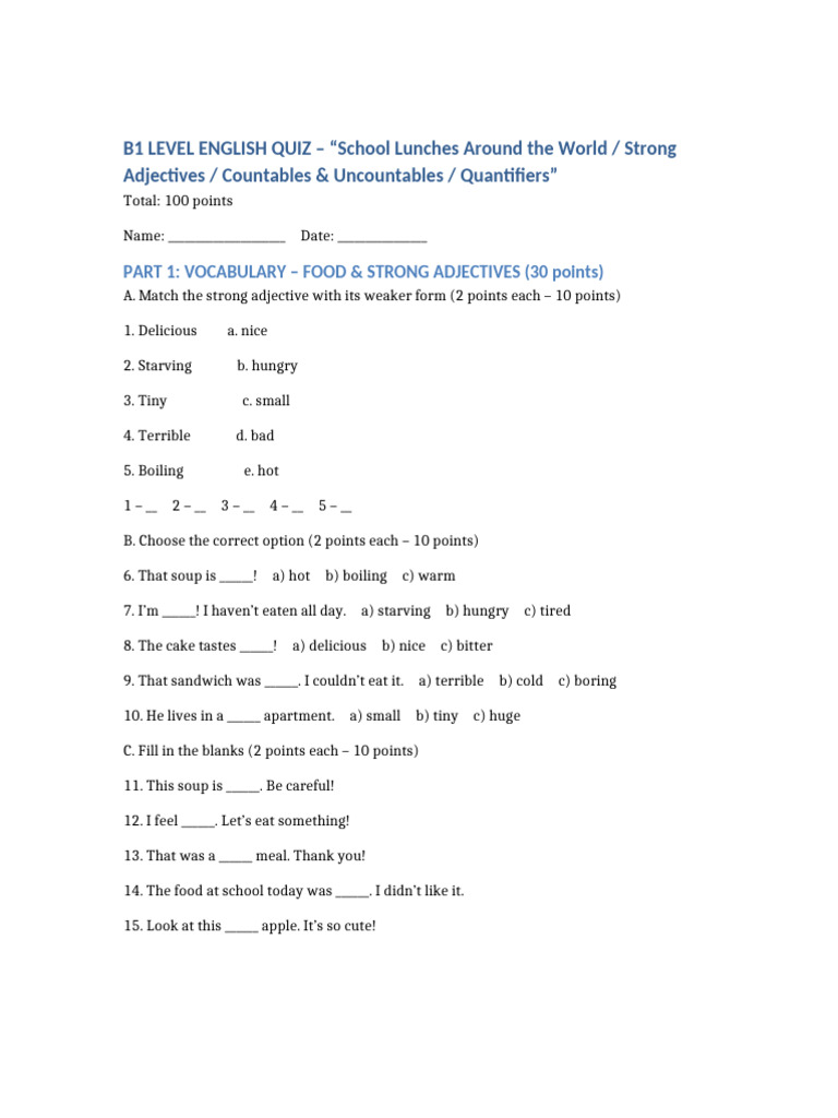 B1 English Quiz: Food & Grammar Skills | PDF | Lunch | School Meal