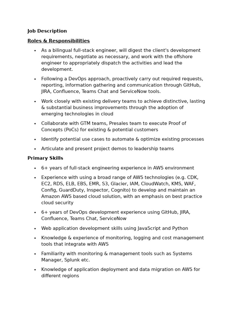 Bilingual Full-Stack Engineer Job Description | PDF