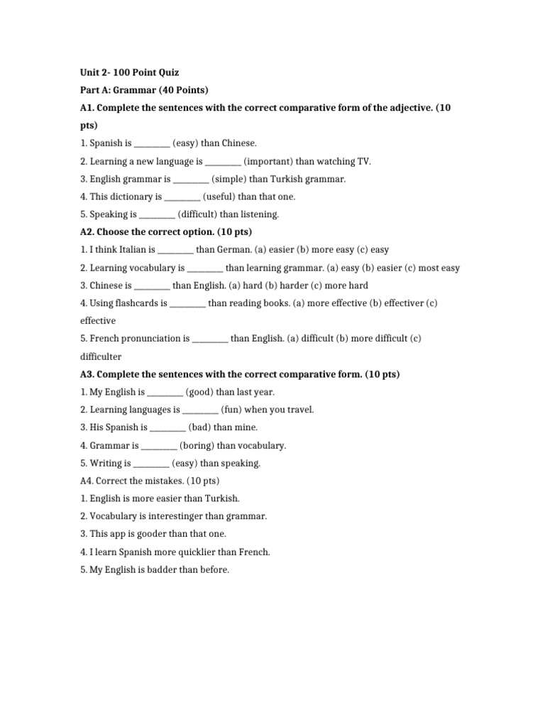 Unit 2 Language Learning Comparatives and Vocabulary Quiz | PDF ...