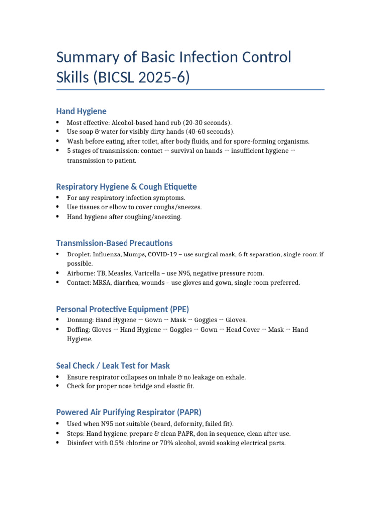 Infection Control Skills Summary 2025-6 | PDF