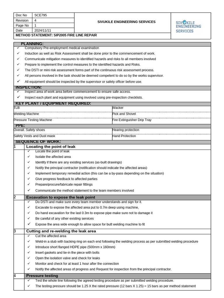 SIP2005 Fire Line Repair Method Statement | PDF | Leak | Risk Assessment