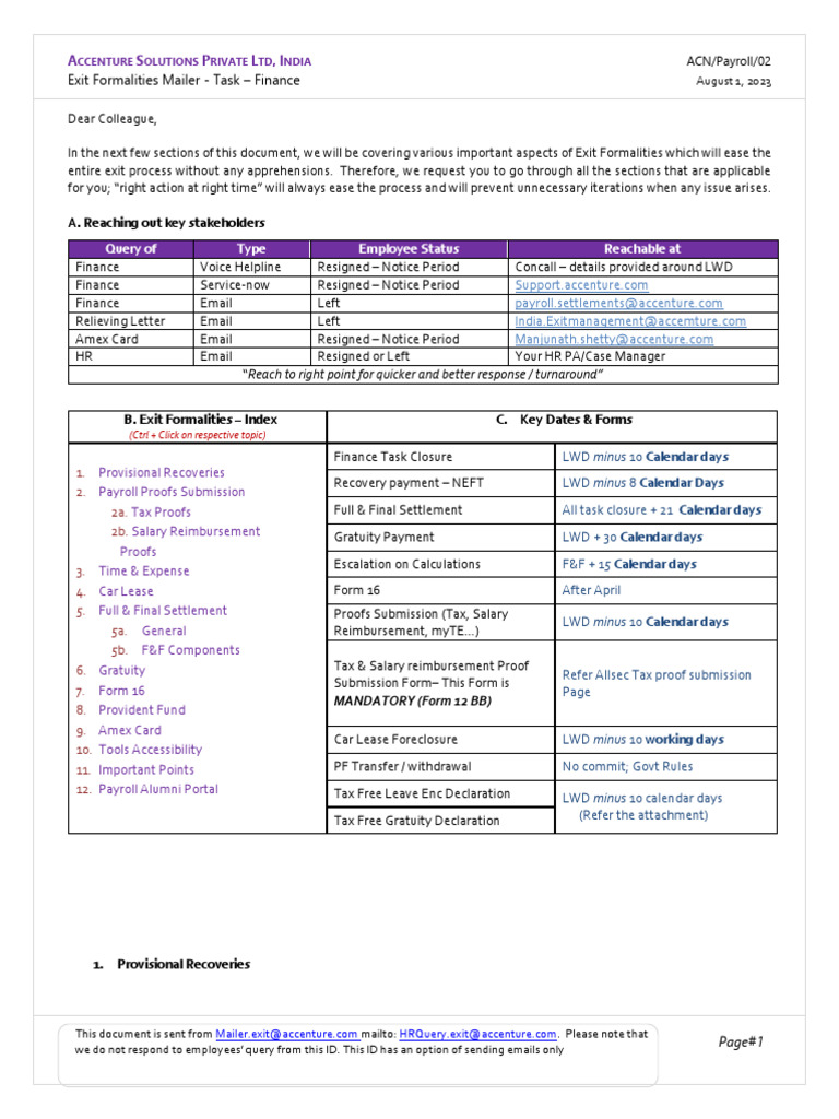 Accenture Exit Formalities Guide | PDF | Payroll | Paycheck