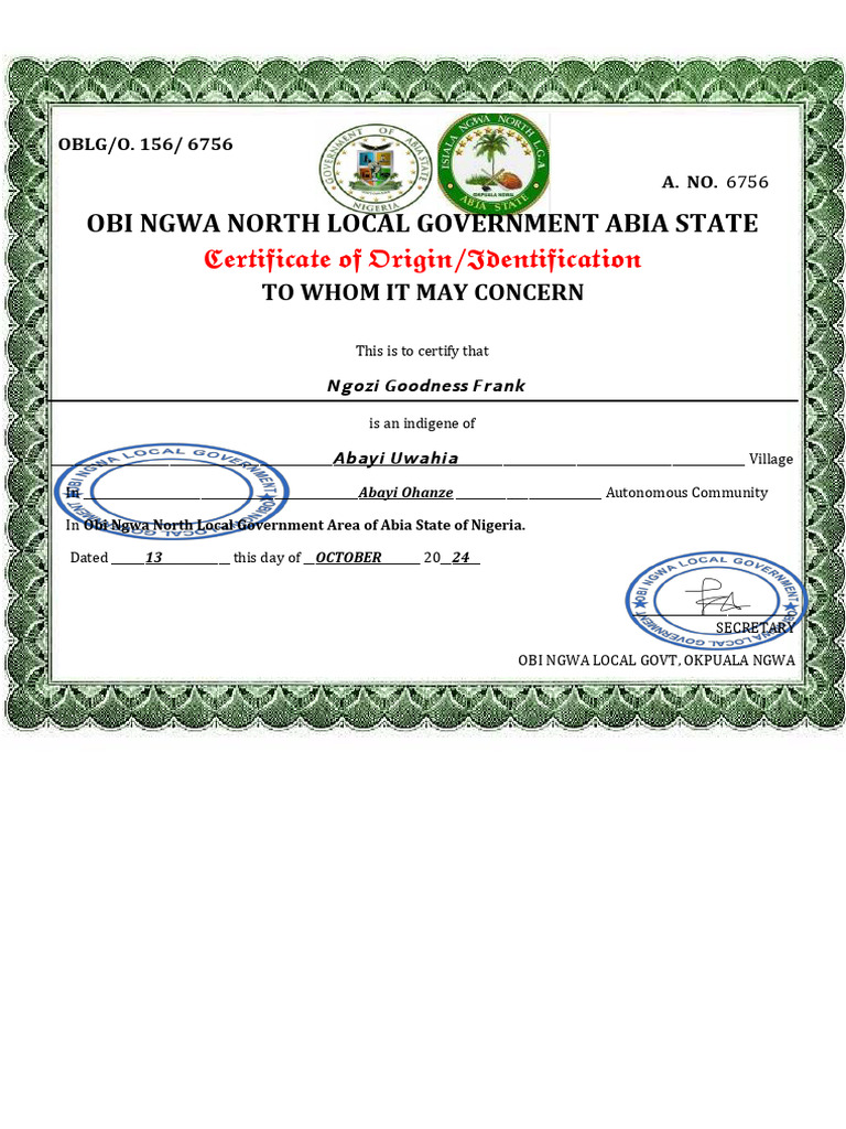 Abia State Certificate of Origin Sample | PDF