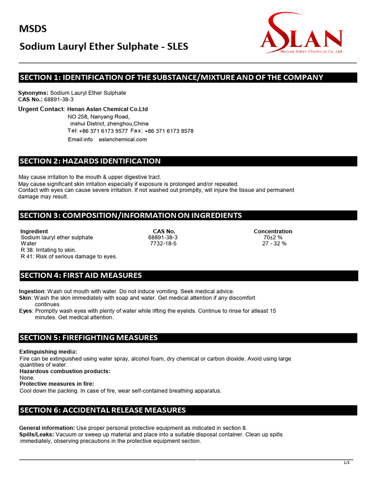 SLES Material Safety Data Sheet | PDF | Personal Protective Equipment ...