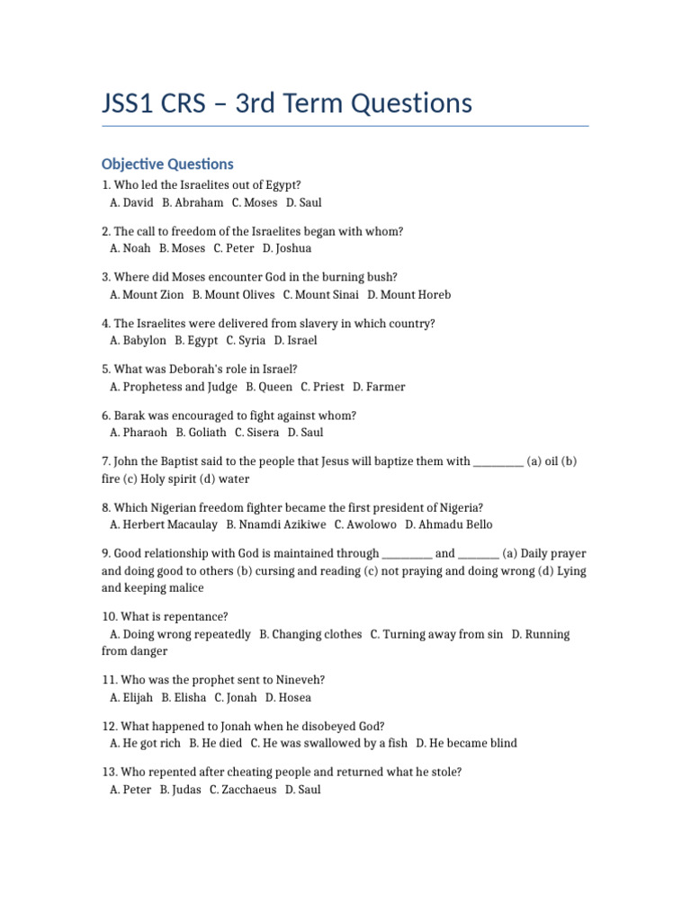 JSS1 CRS 3rd Term Questions | PDF | Moses | Ten Commandments