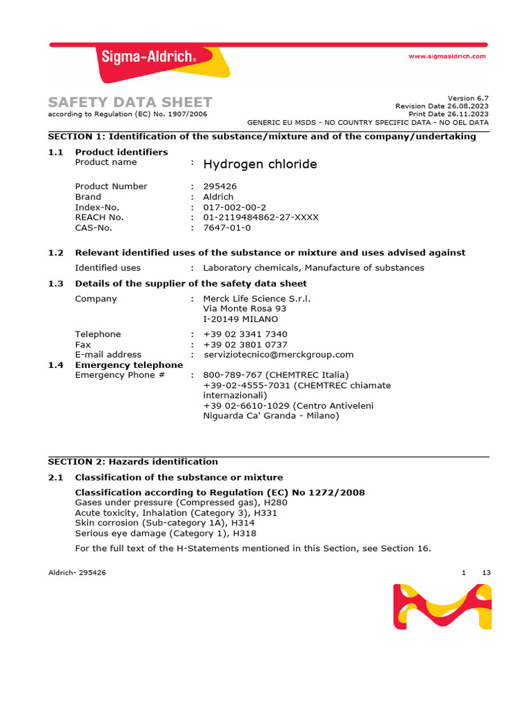 SDS HCL Gas Compresso EN | PDF | Occupational Safety And Health | Safety