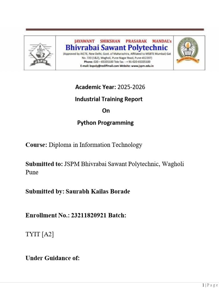 Industrial Training Report on Python | PDF | Python (Programming ...