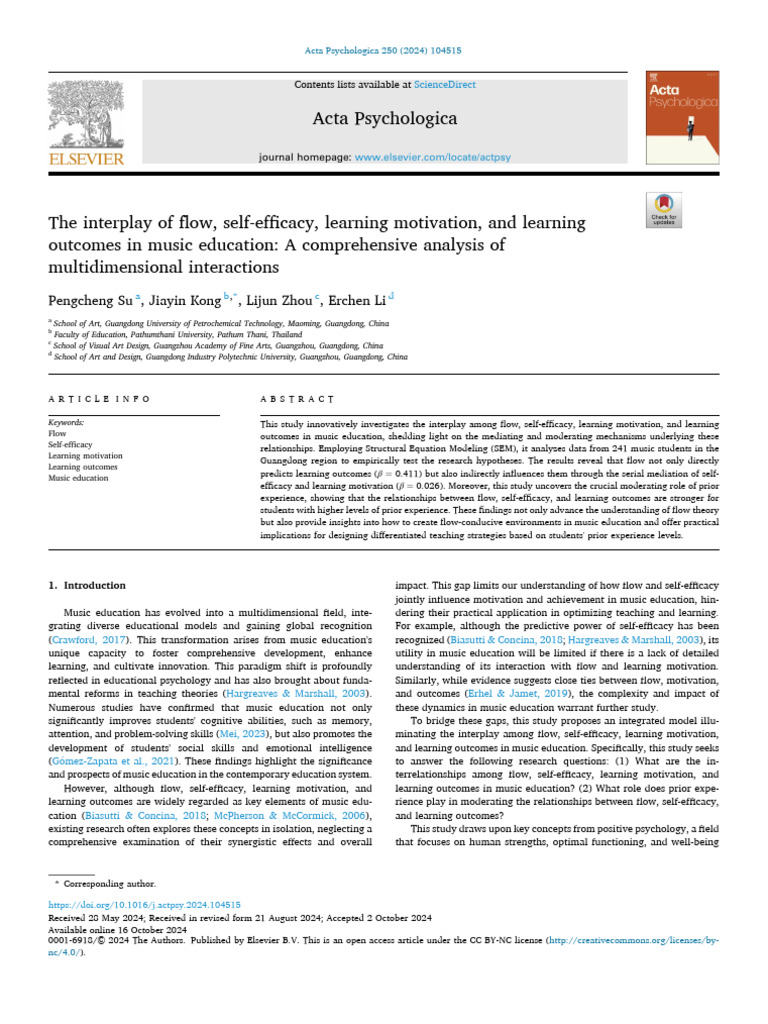 Flow and Learning in Music Education | PDF | Self Efficacy | Flow ...