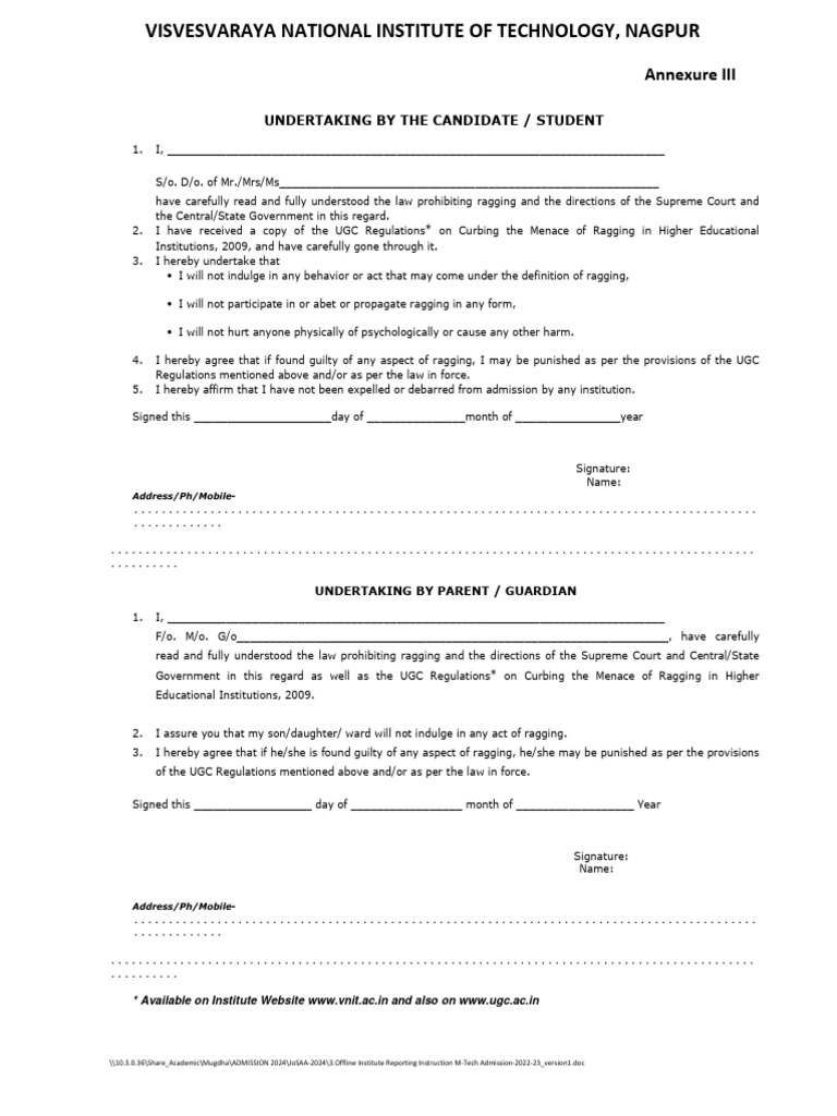 VNIT Nagpur Ragging Undertaking Form | PDF | Psychological Abuse ...