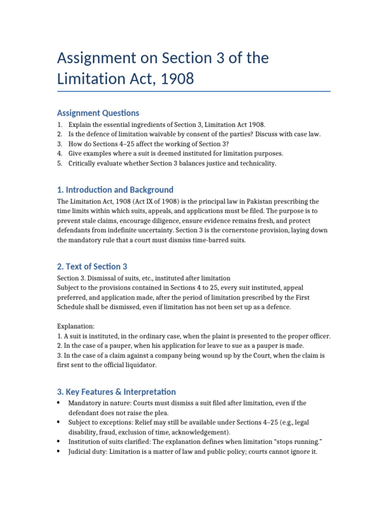 Assignment Section3 LimitationAct1908 | PDF | Lawsuit | Justice