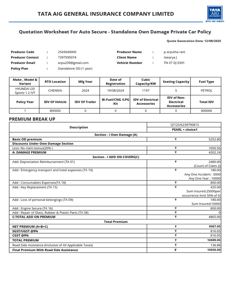 Standalone OD Car Insurance Quote | PDF | Insurance | Automotive Industry