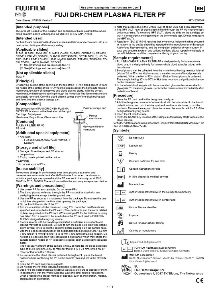 FUJI DRI-CHEM Plasma Filter PF Guide | PDF | Blood Plasma | Blood Cell