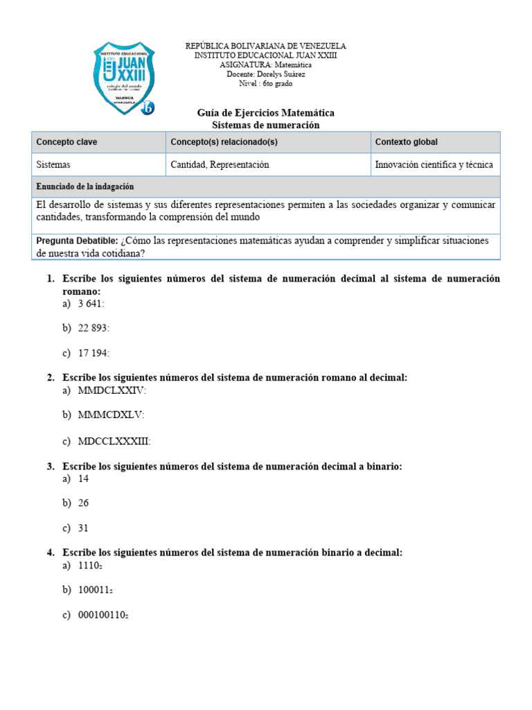 Guía Matemàtica 6to Grado Sistemas de Numeraciòn | PDF | Matemáticas ...