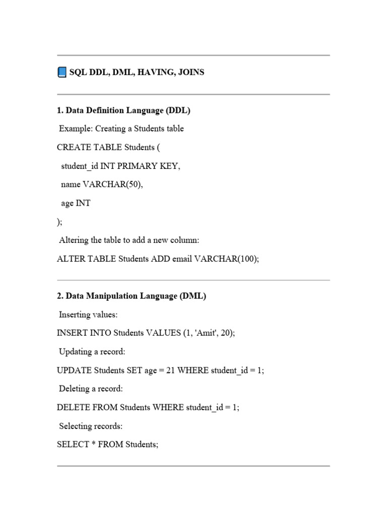 SQL DDL, DML, Joins, and HAVING Guide | PDF | Data Management Software ...
