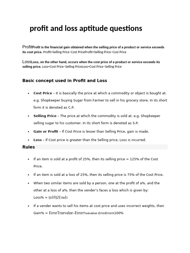 Profit and Loss Aptitude Questions Guide | PDF | Prices | Financial Markets
