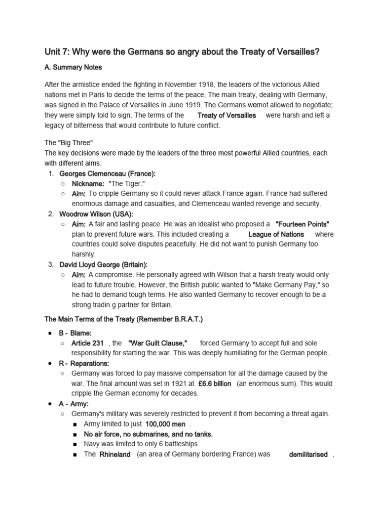 Unit 7 Why Were The Germans So Angry About The Treaty of Versailles ...