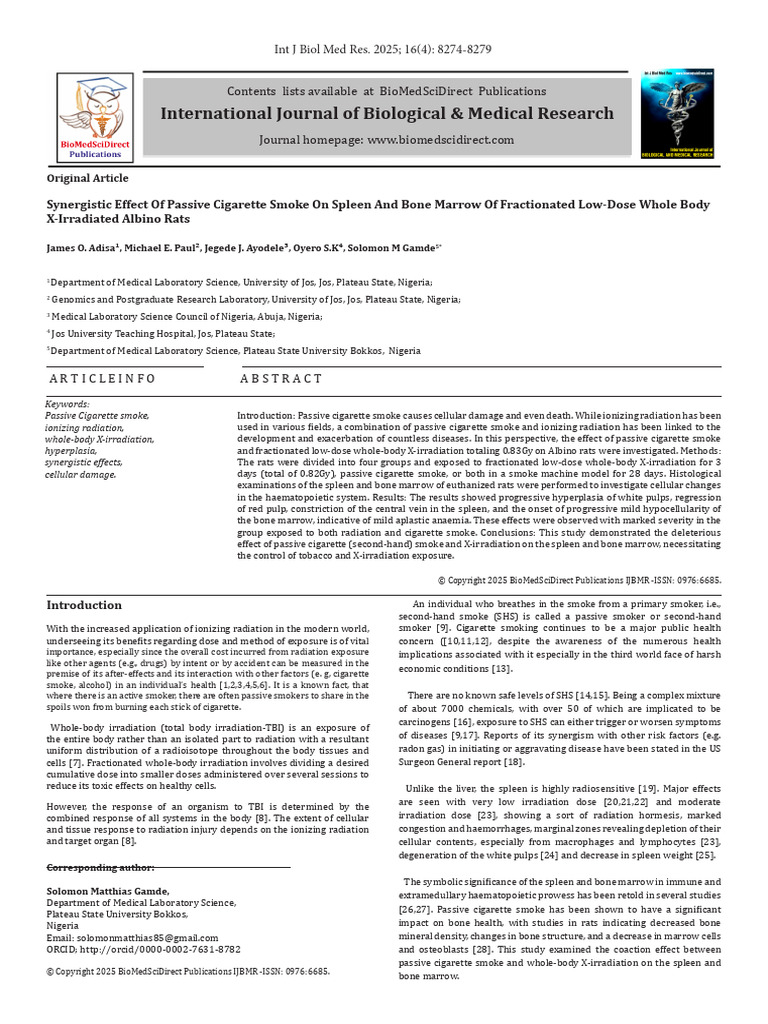 Synergistic Effect of Passive Cigarette Smoke On Spleen and Bone Marrow ...