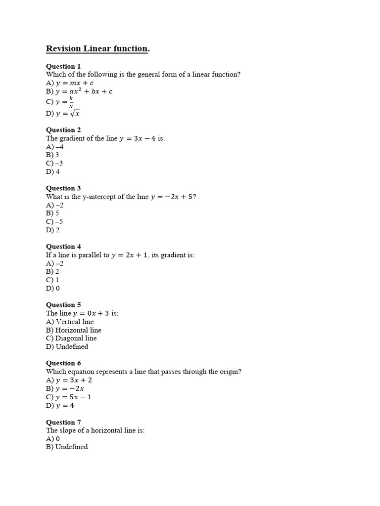 Linear Function Revision Questions | PDF | Slope | Line (Geometry)