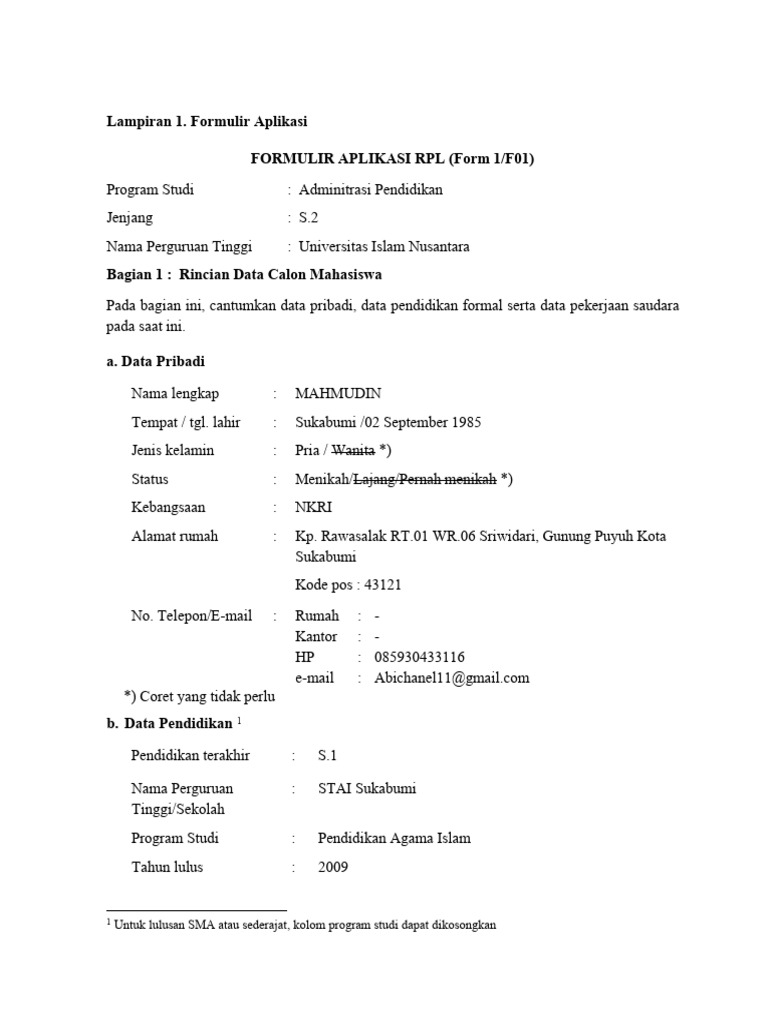 Formulir Aplikasi RPL S2 Pendidikan | PDF