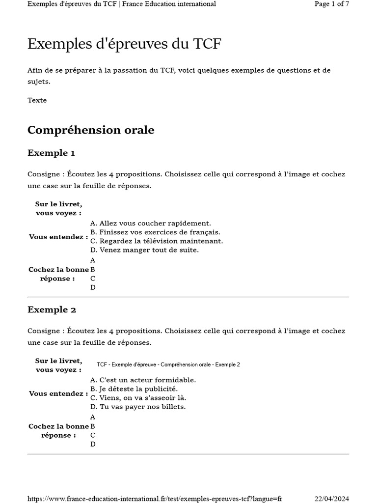 Exemples d'épreuves pour le TCF | PDF