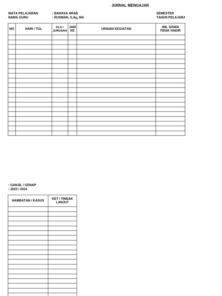 Jurnal Mengajar Bahasa Arab 2023/2024 | PDF