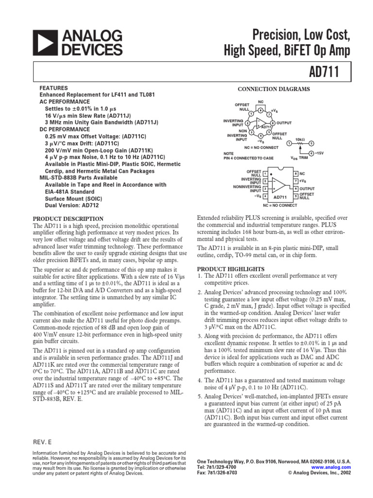 AD711 Op Amp Datasheet Overview | PDF | Operational Amplifier | Amplifier