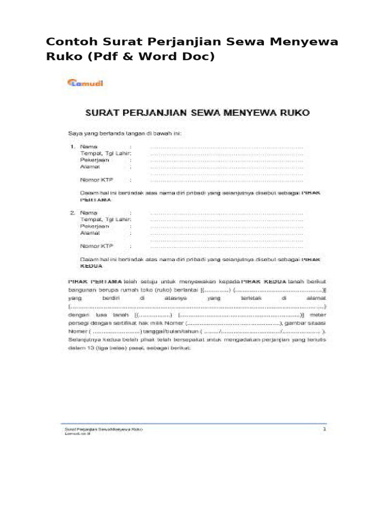 Contoh Surat Perjanjian Sewa Ruko | PDF