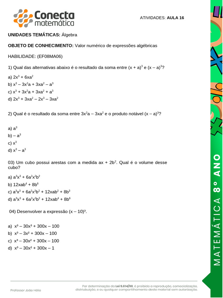 Exercícios de Álgebra: Expressões Algébricas | PDF