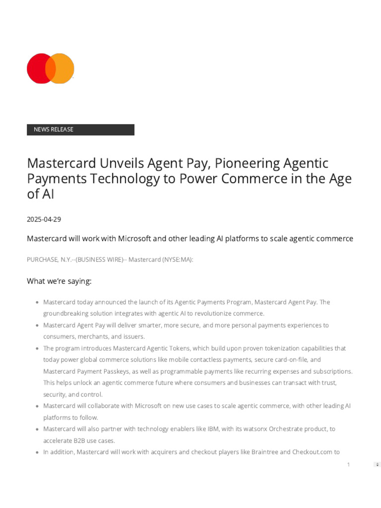 Mastercard Unveils Agent Pay Pioneering Agentic Payments Technology To ...