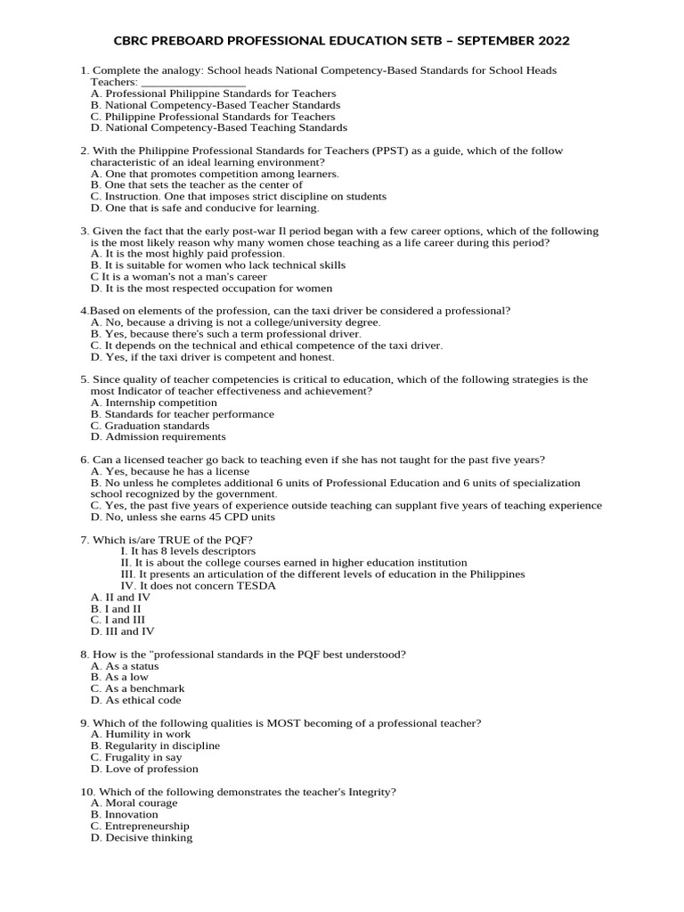 CBRC Preboard Setb Profed2022 | PDF | Learning | Teachers