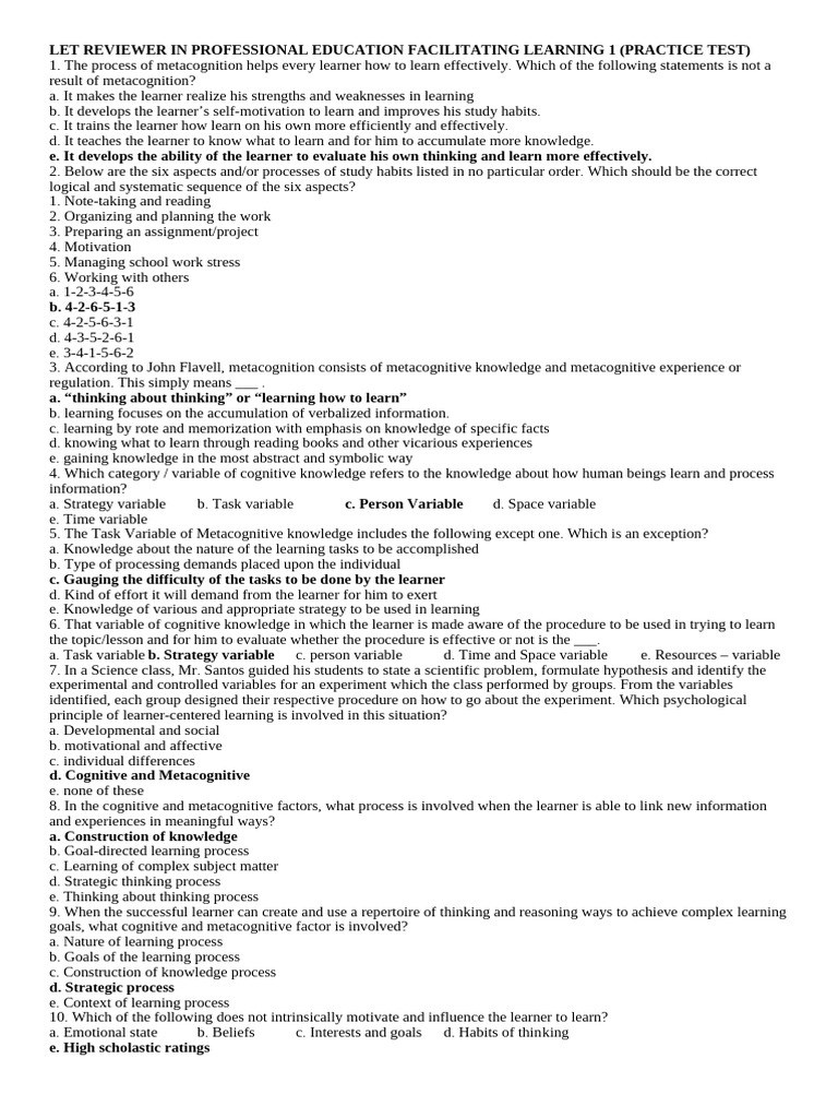 LET Review Practice Test for Educators | PDF | Learning | Metacognition